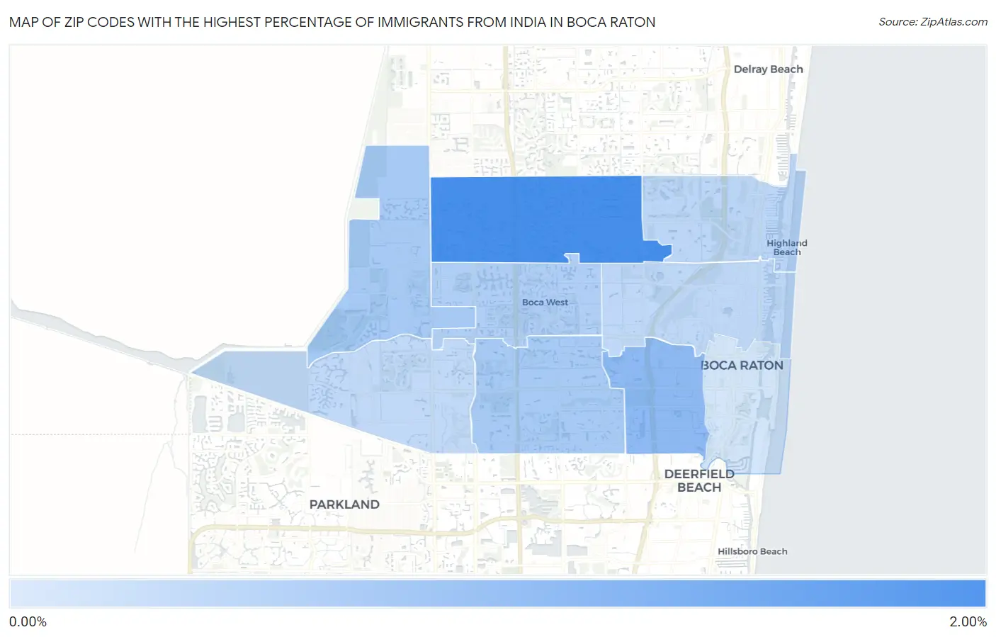 Zip Codes with the Highest Percentage of Immigrants from India in Boca Raton Map
