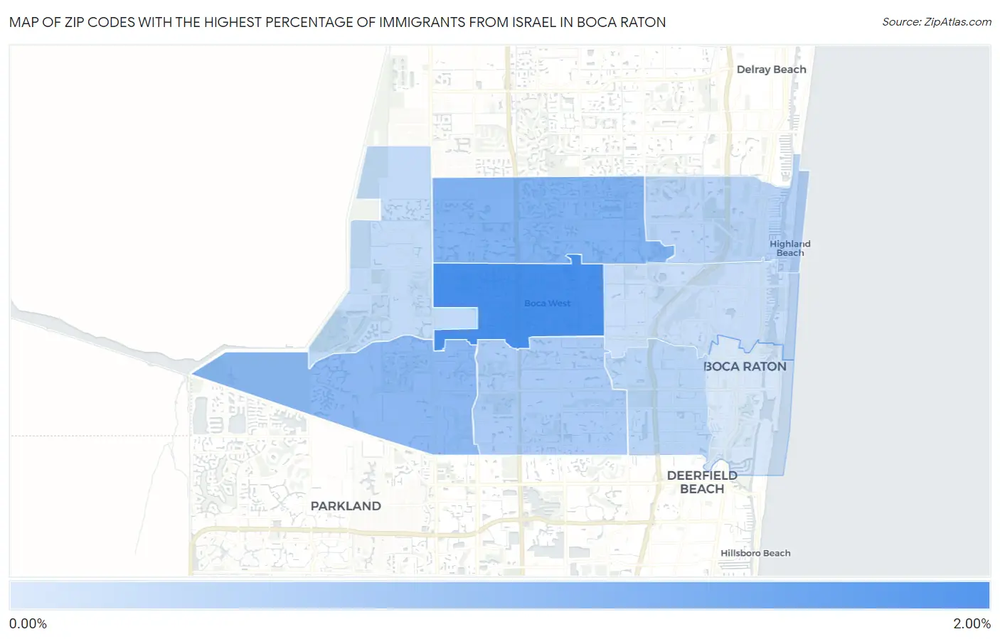 Zip Codes with the Highest Percentage of Immigrants from Israel in Boca Raton Map