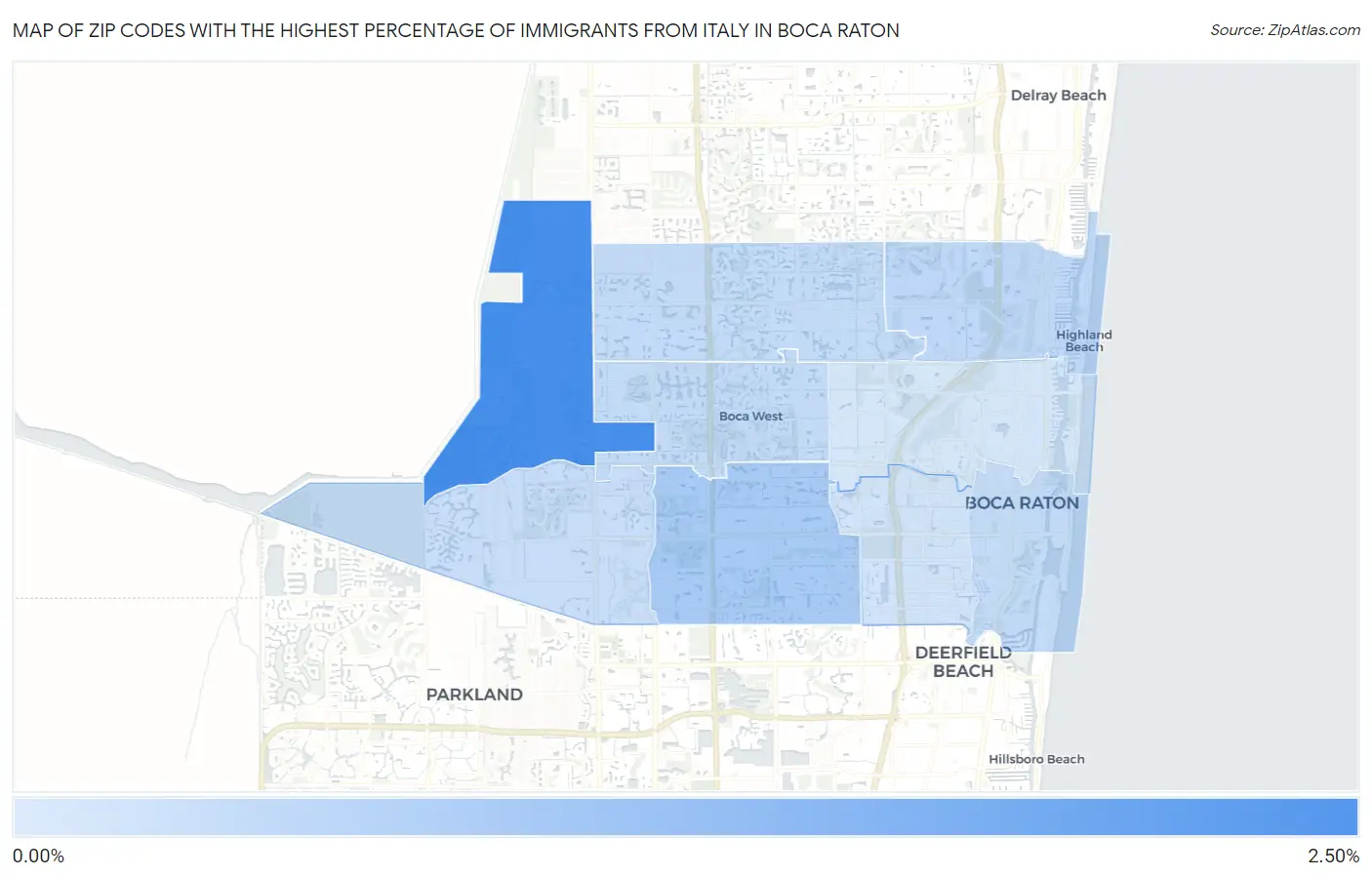 Zip Codes with the Highest Percentage of Immigrants from Italy in Boca Raton Map
