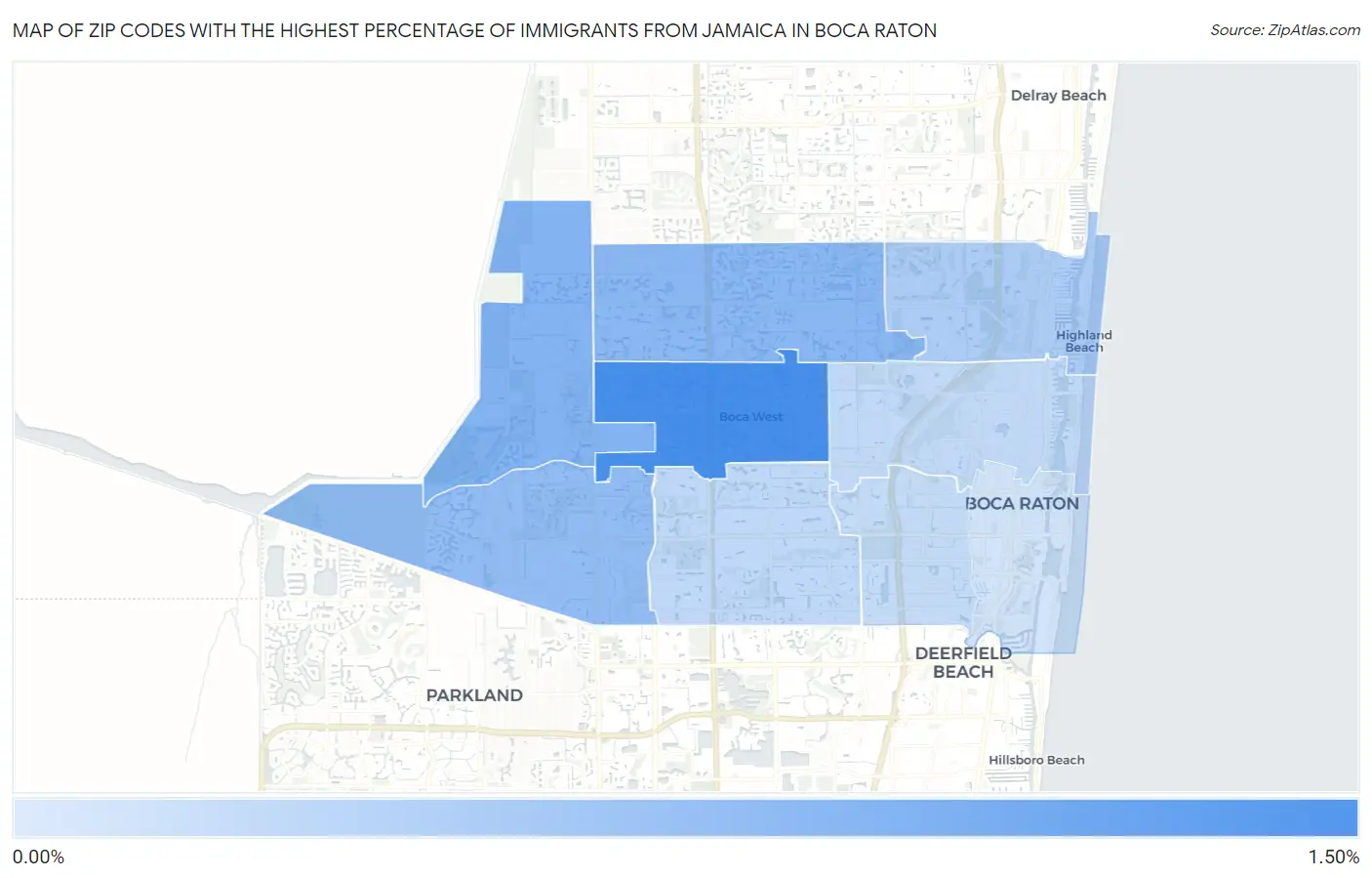 Zip Codes with the Highest Percentage of Immigrants from Jamaica in Boca Raton Map