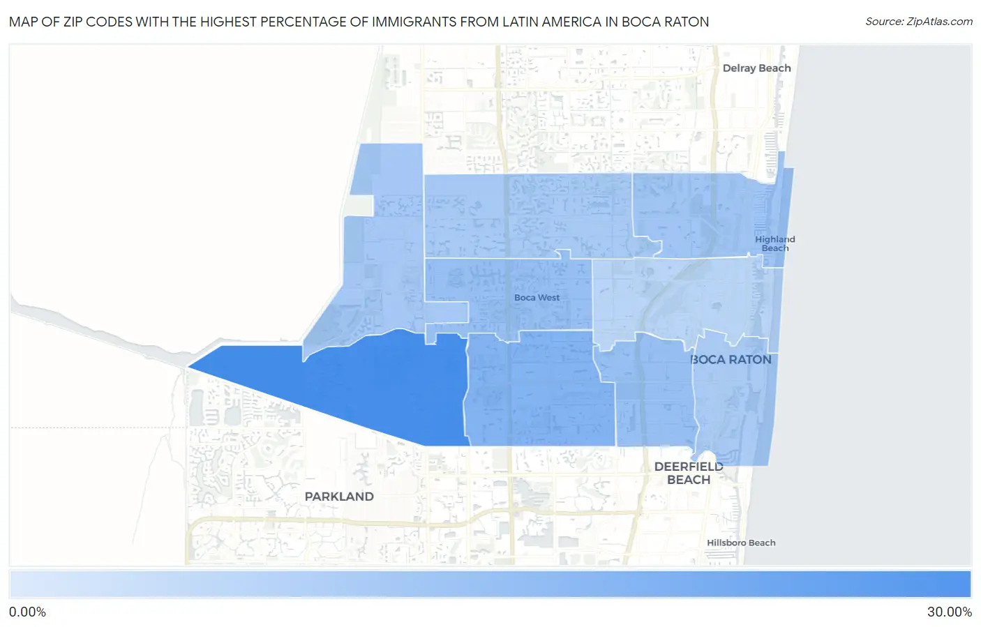 Zip Codes with the Highest Percentage of Immigrants from Latin America in Boca Raton Map
