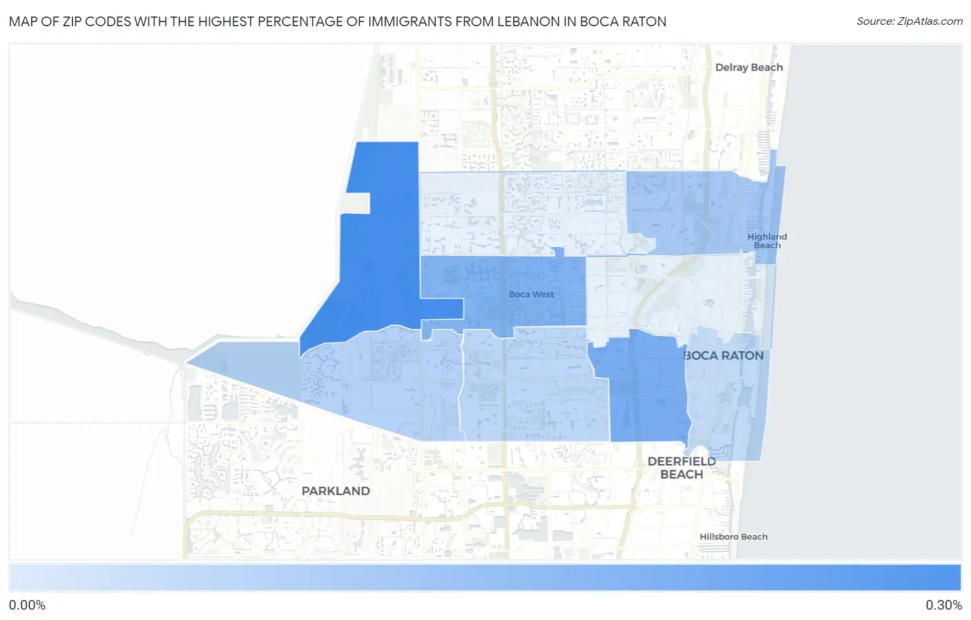 Zip Codes with the Highest Percentage of Immigrants from Lebanon in Boca Raton Map