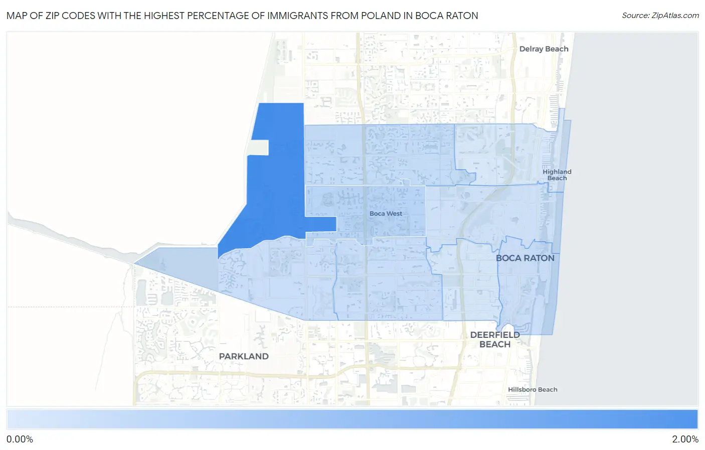 Zip Codes with the Highest Percentage of Immigrants from Poland in Boca Raton Map