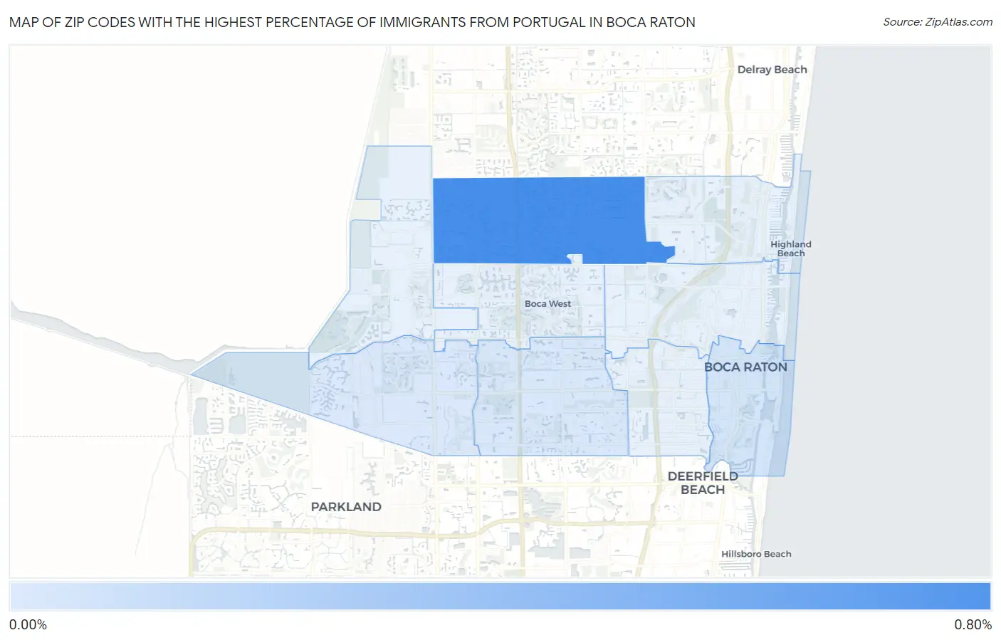 Zip Codes with the Highest Percentage of Immigrants from Portugal in Boca Raton Map