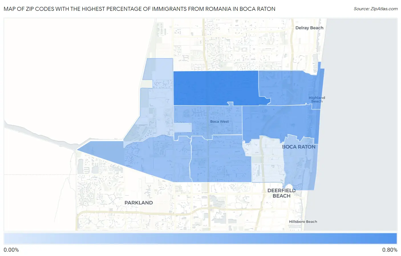Zip Codes with the Highest Percentage of Immigrants from Romania in Boca Raton Map