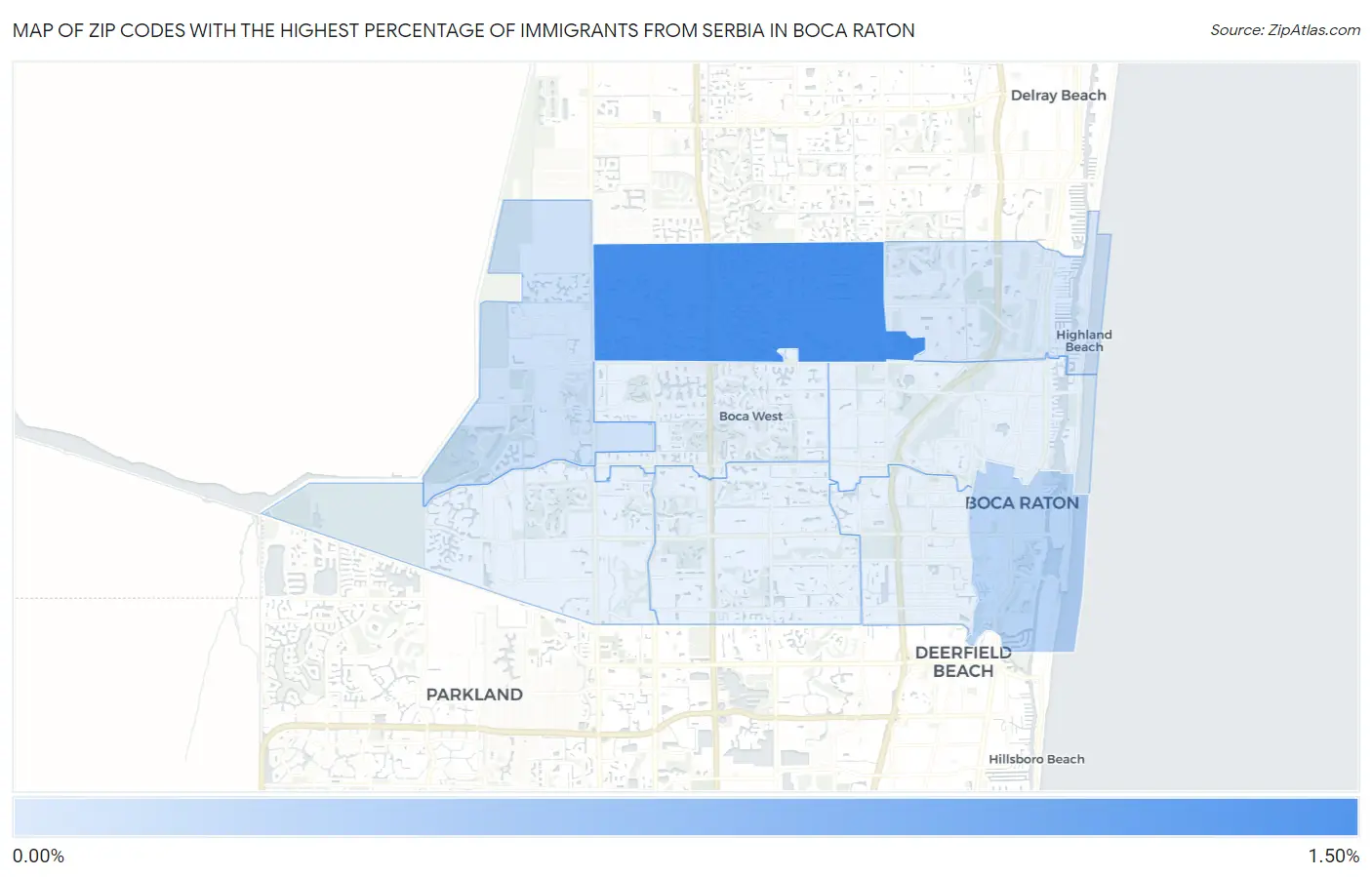 Zip Codes with the Highest Percentage of Immigrants from Serbia in Boca Raton Map