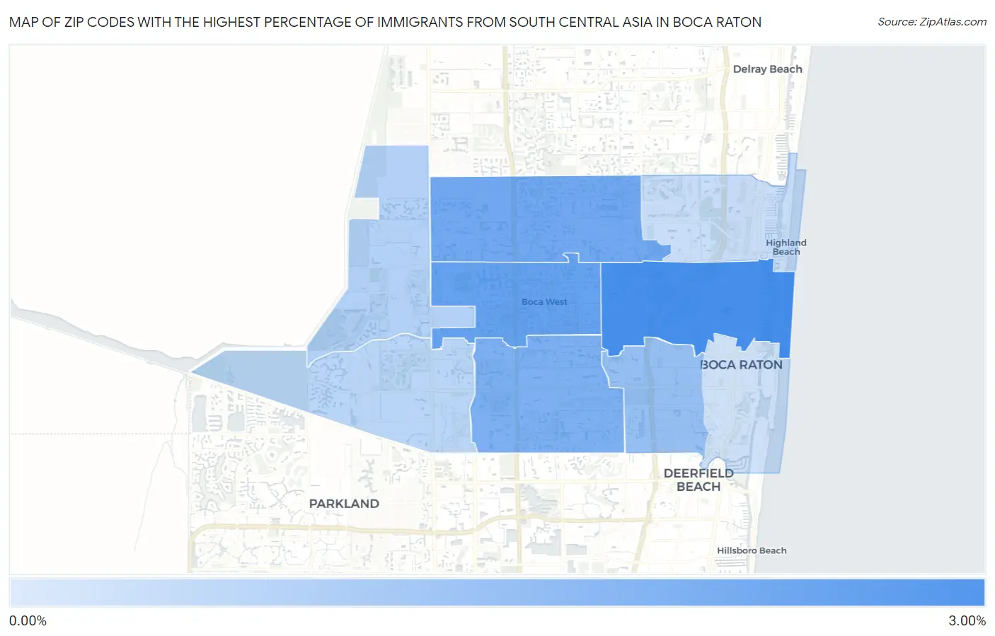 Zip Codes with the Highest Percentage of Immigrants from South Central Asia in Boca Raton Map
