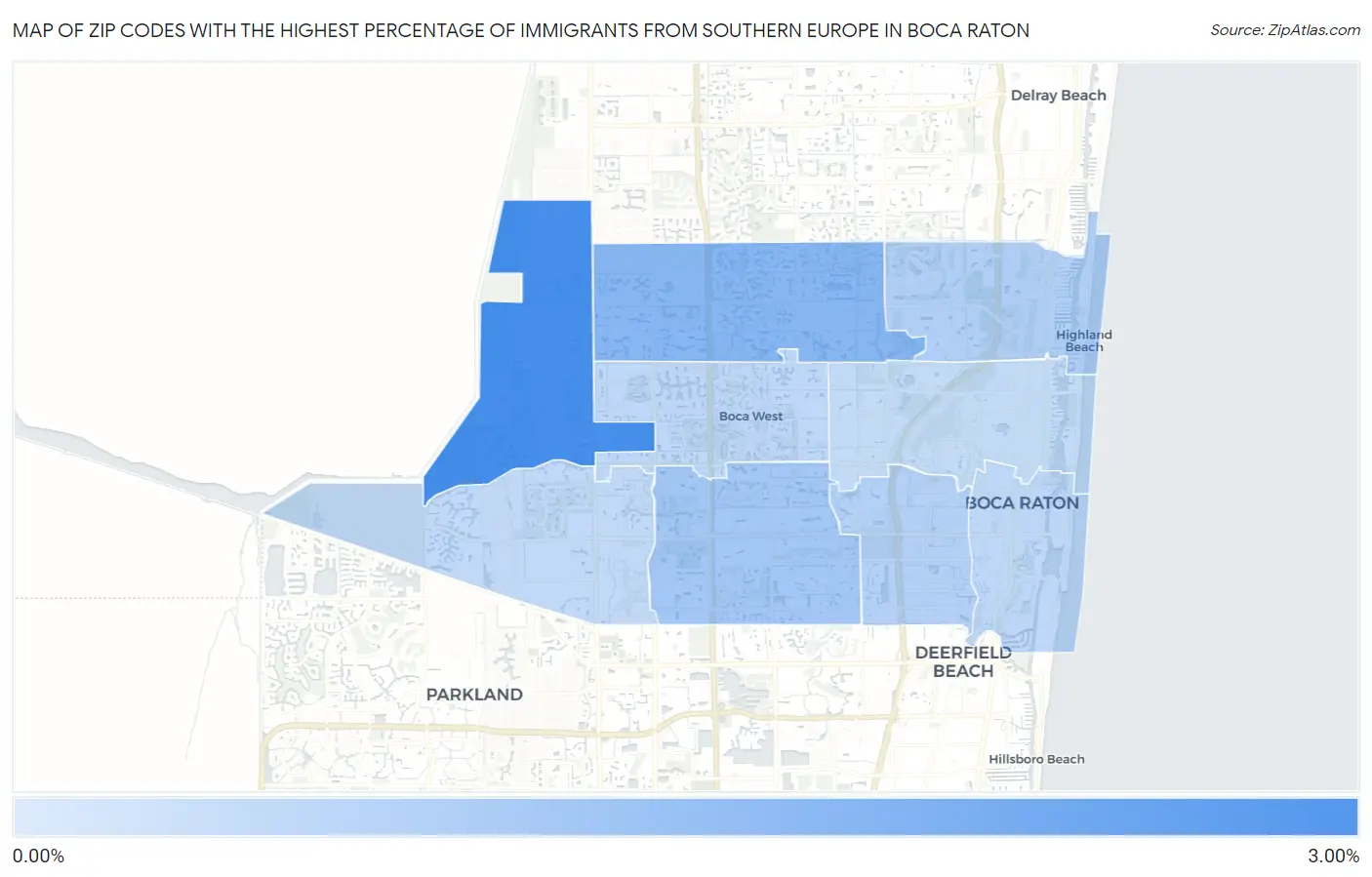 Zip Codes with the Highest Percentage of Immigrants from Southern Europe in Boca Raton Map