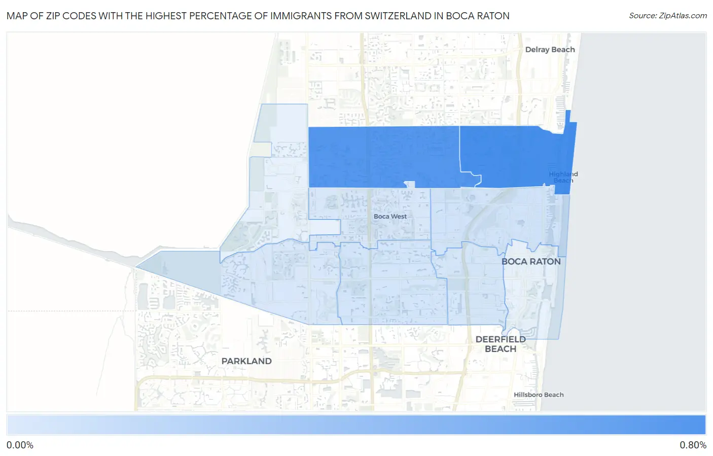 Zip Codes with the Highest Percentage of Immigrants from Switzerland in Boca Raton Map