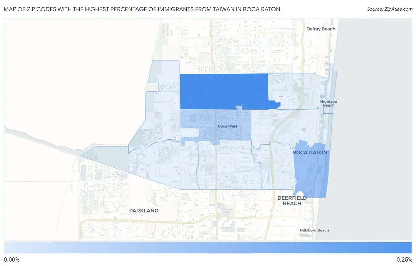 Zip Codes with the Highest Percentage of Immigrants from Taiwan in Boca Raton Map