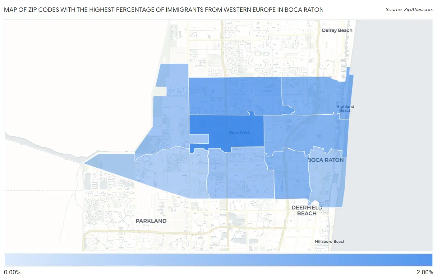 Zip Codes with the Highest Percentage of Immigrants from Western Europe in Boca Raton Map