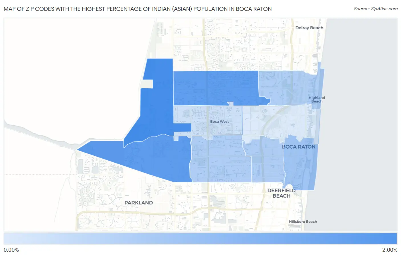 Zip Codes with the Highest Percentage of Indian (Asian) Population in Boca Raton Map