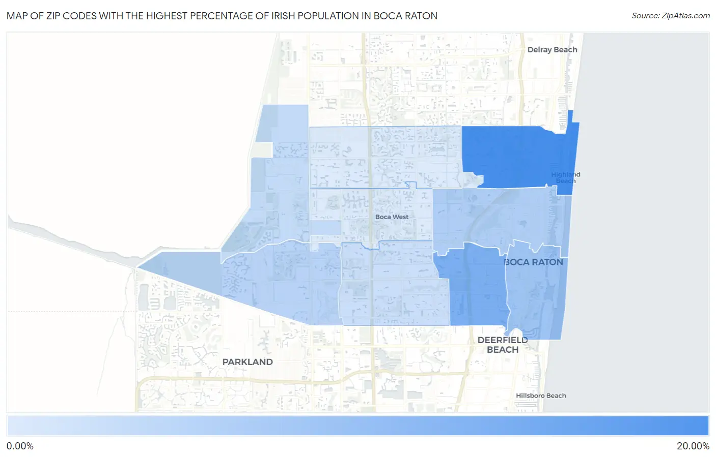 Zip Codes with the Highest Percentage of Irish Population in Boca Raton Map