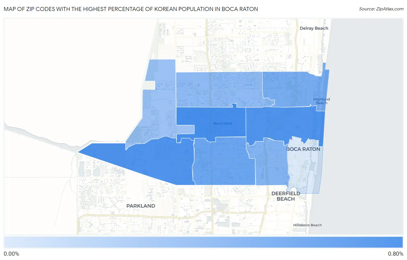 Zip Codes with the Highest Percentage of Korean Population in Boca Raton Map