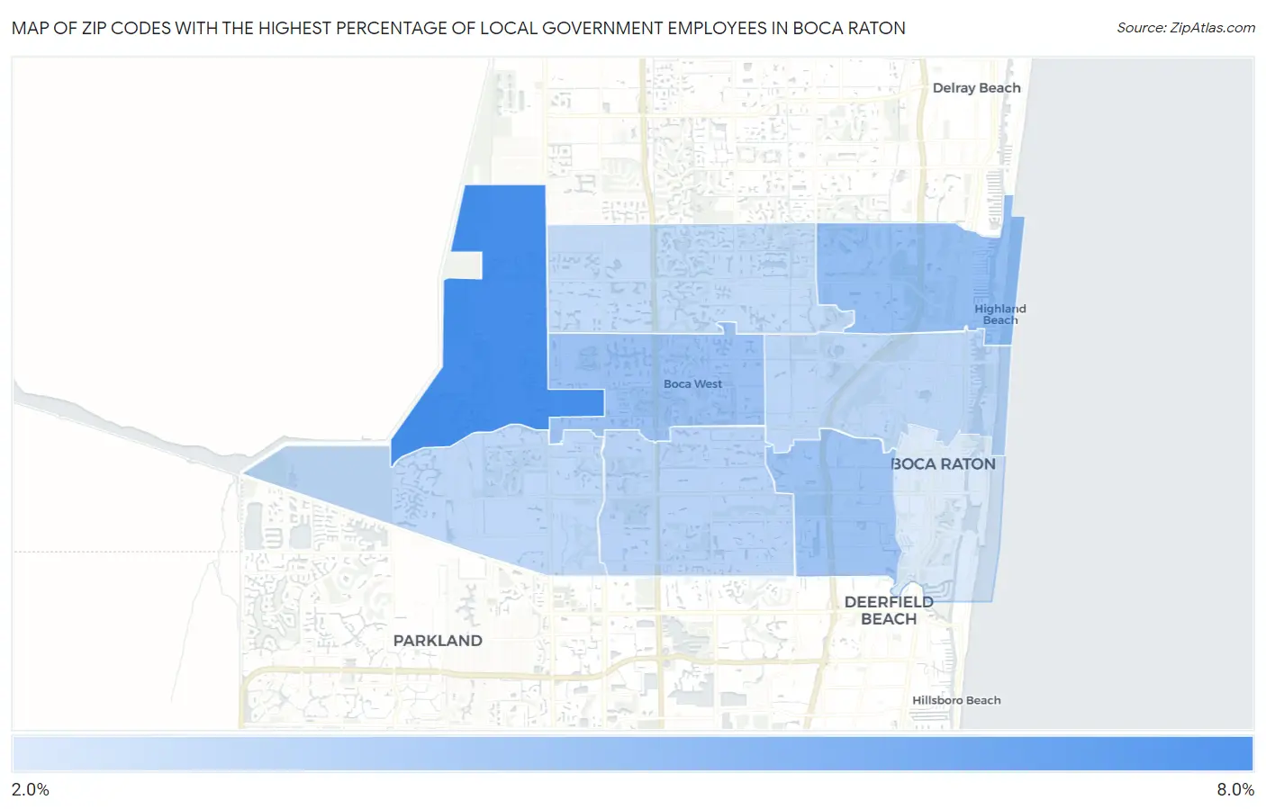Zip Codes with the Highest Percentage of Local Government Employees in Boca Raton Map