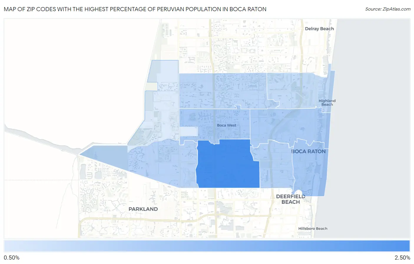 Zip Codes with the Highest Percentage of Peruvian Population in Boca Raton Map
