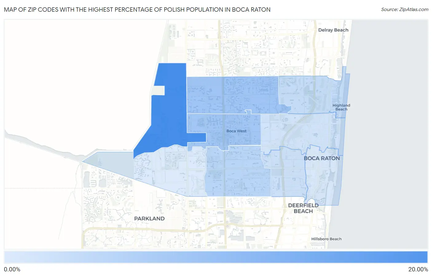 Zip Codes with the Highest Percentage of Polish Population in Boca Raton Map