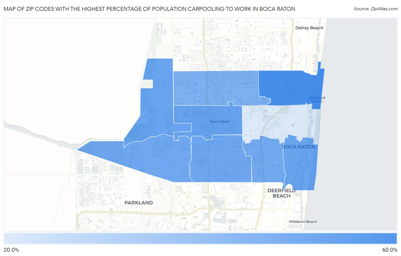 Zip Codes with the Highest Percentage of Population Carpooling to Work in Boca Raton Map