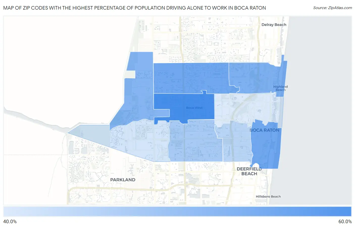 Zip Codes with the Highest Percentage of Population Driving Alone to Work in Boca Raton Map