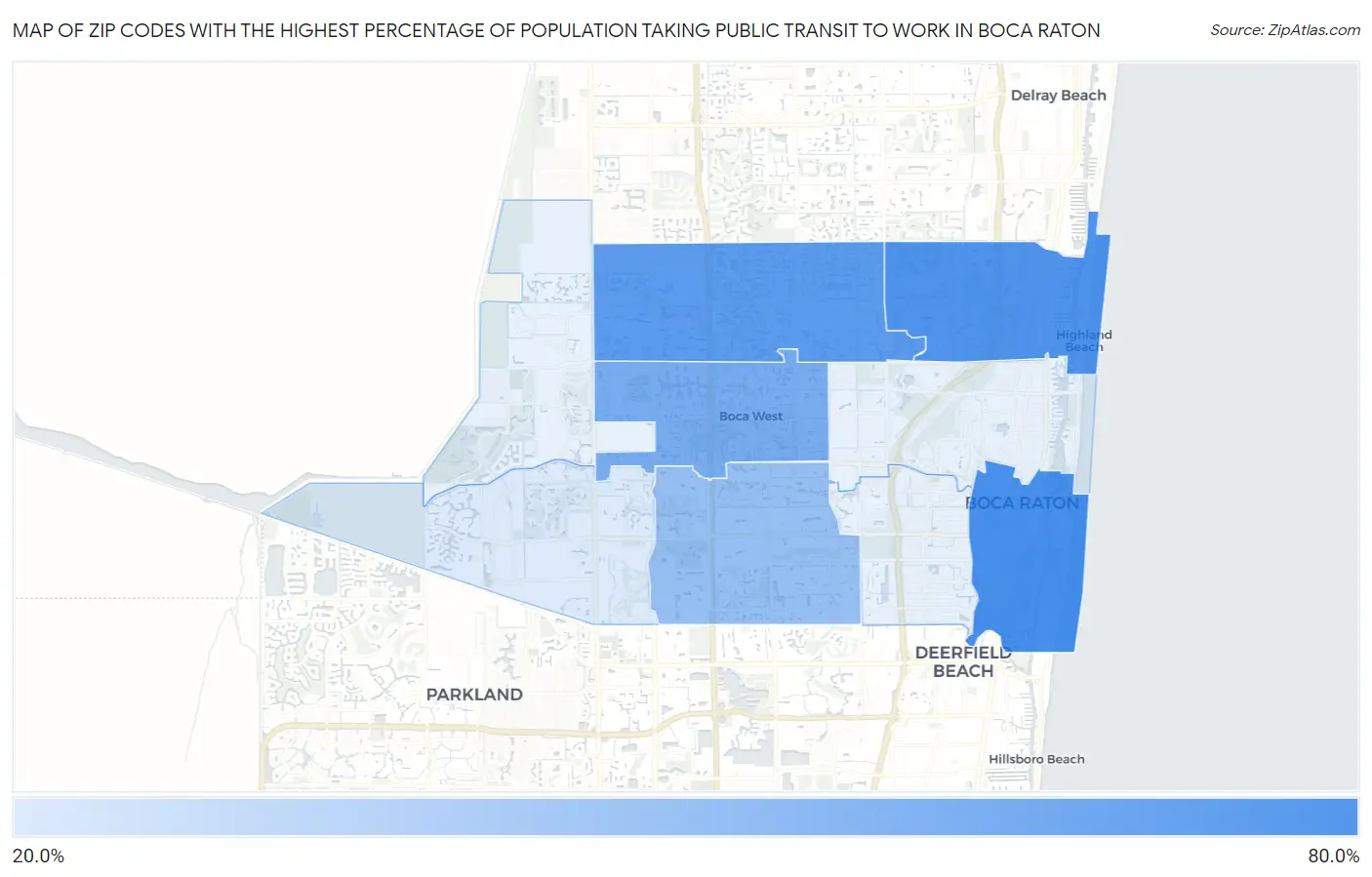 Zip Codes with the Highest Percentage of Population Taking Public Transit to Work in Boca Raton Map
