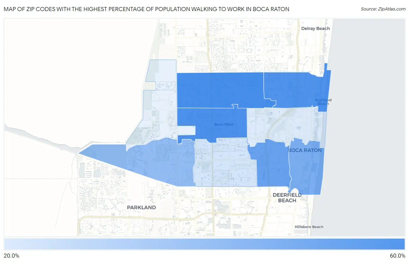Zip Codes with the Highest Percentage of Population Walking to Work in Boca Raton Map