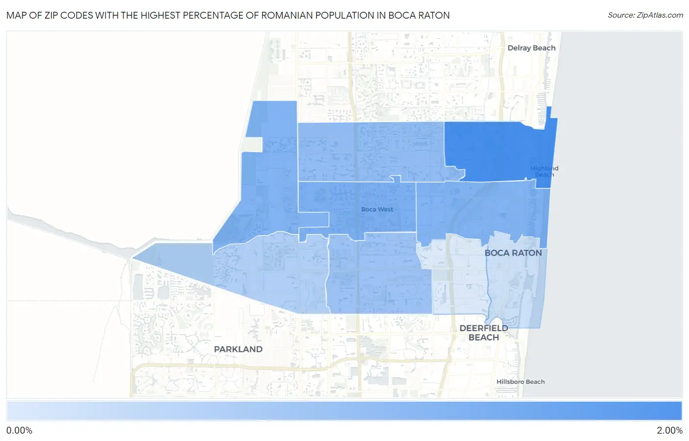 Zip Codes with the Highest Percentage of Romanian Population in Boca Raton Map