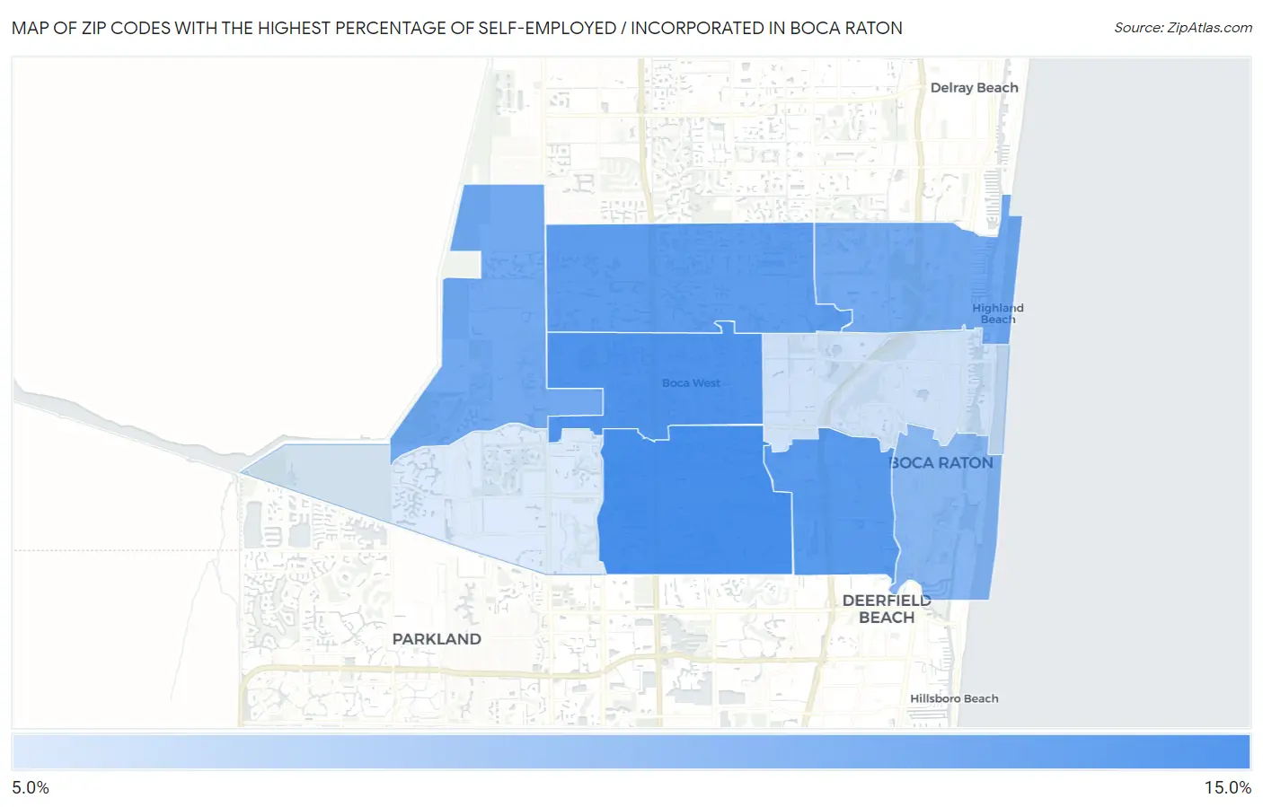 Zip Codes with the Highest Percentage of Self-Employed / Incorporated in Boca Raton Map