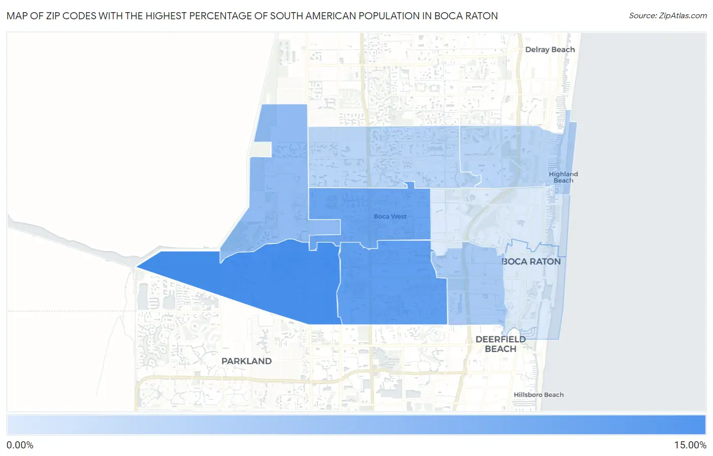 Zip Codes with the Highest Percentage of South American Population in Boca Raton Map