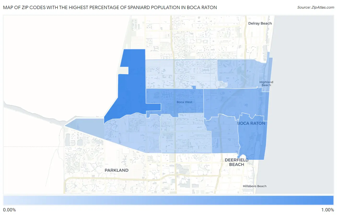 Zip Codes with the Highest Percentage of Spaniard Population in Boca Raton Map