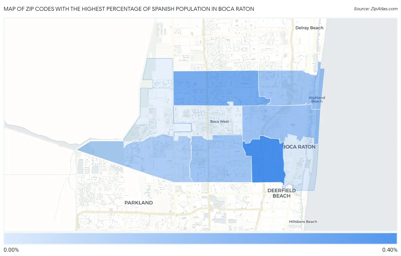 Zip Codes with the Highest Percentage of Spanish Population in Boca Raton Map