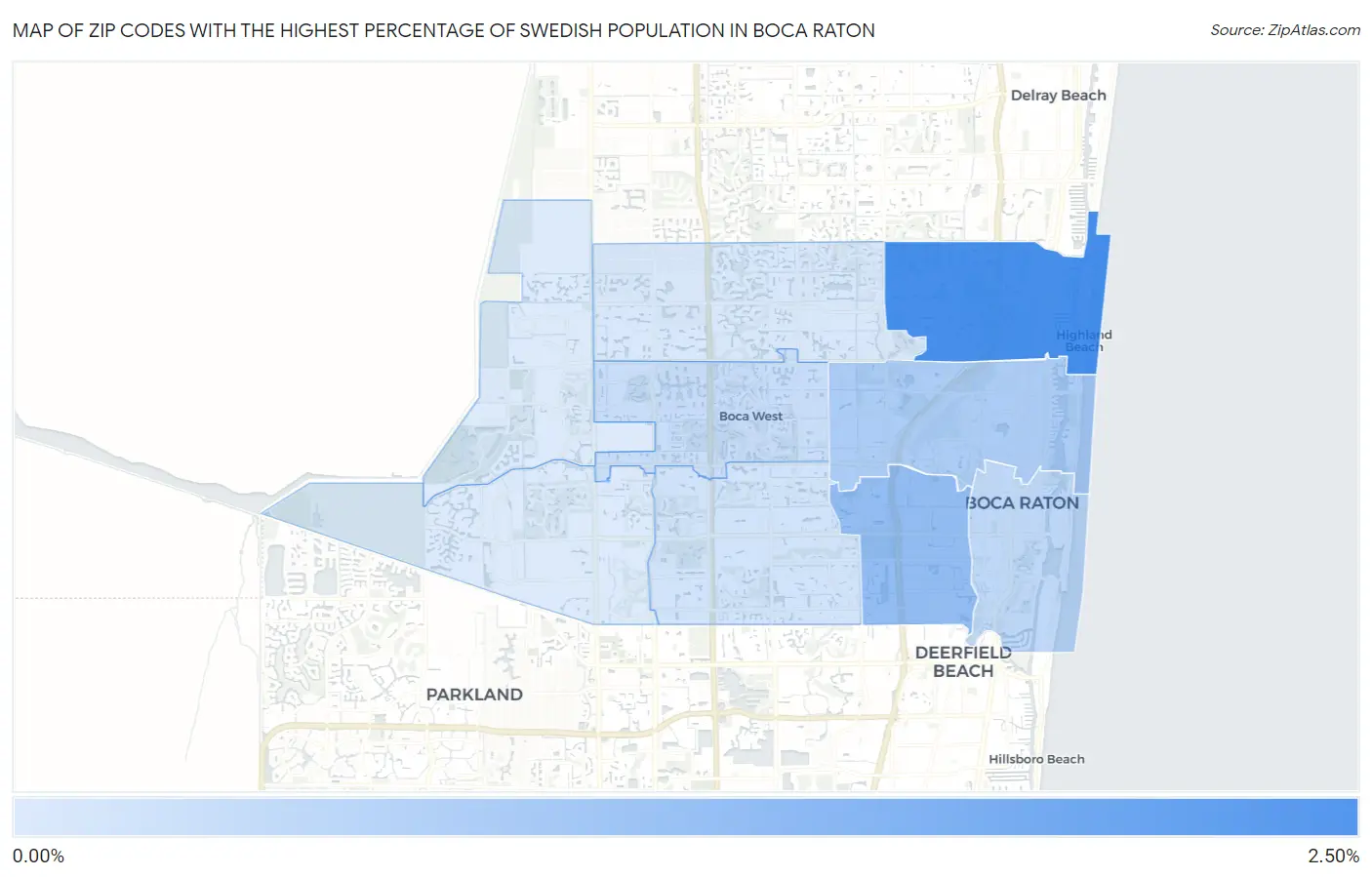 Zip Codes with the Highest Percentage of Swedish Population in Boca Raton Map