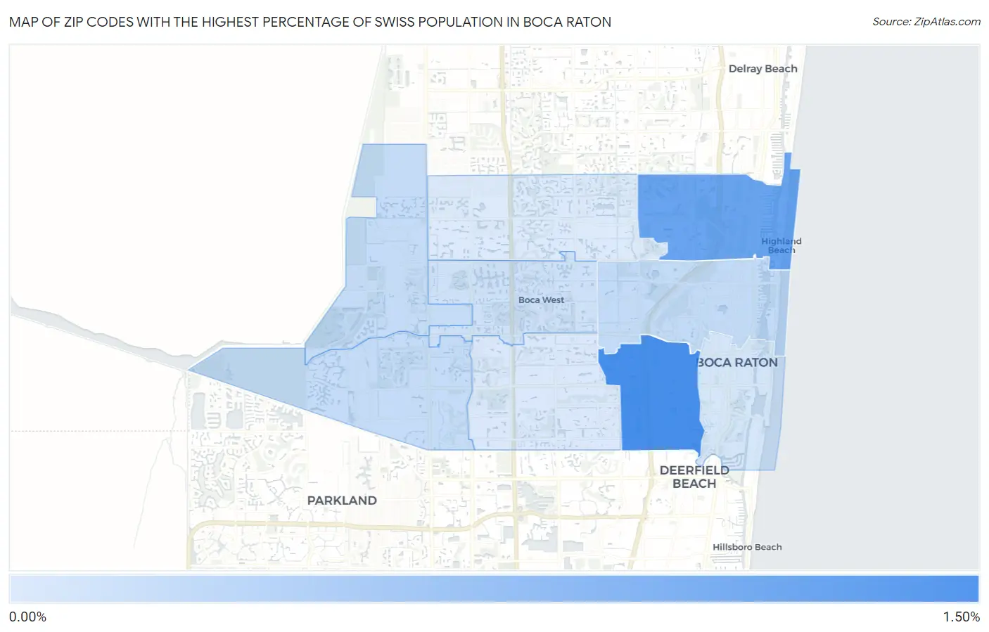 Zip Codes with the Highest Percentage of Swiss Population in Boca Raton Map