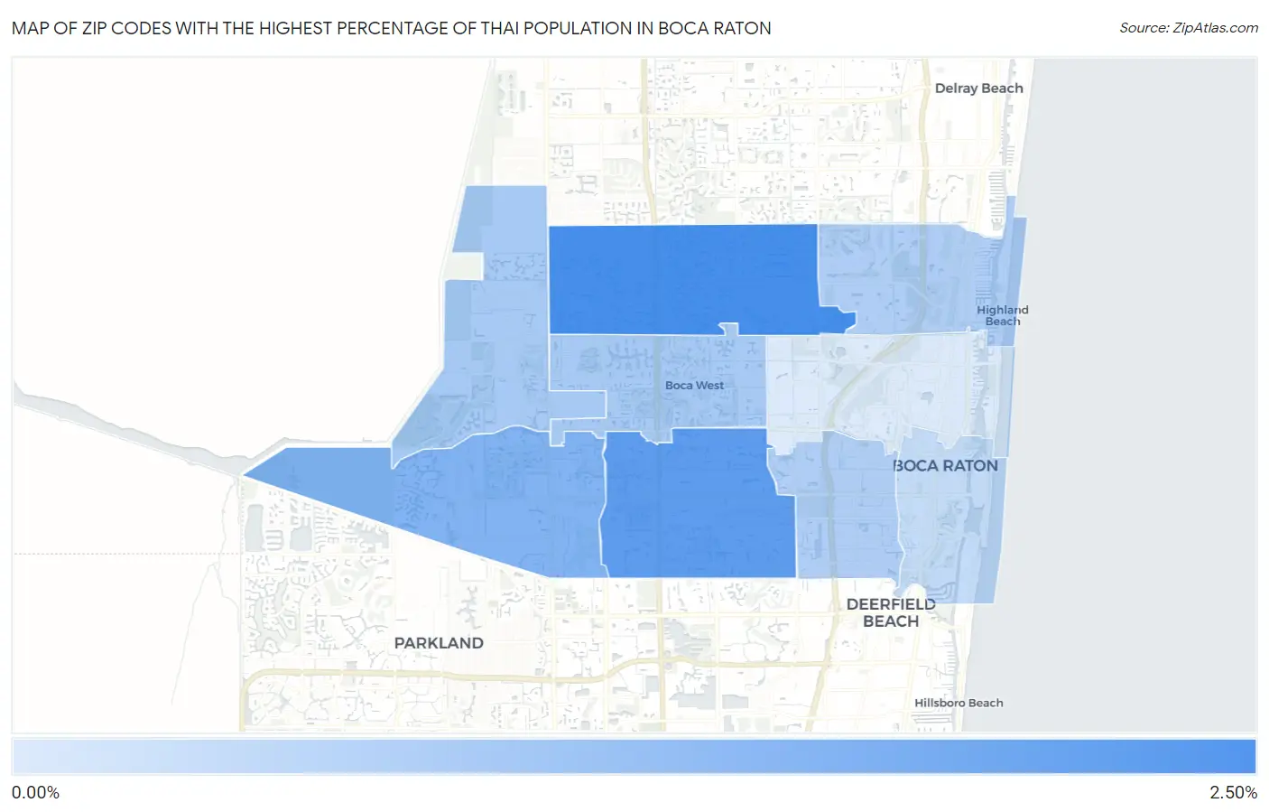 Zip Codes with the Highest Percentage of Thai Population in Boca Raton Map