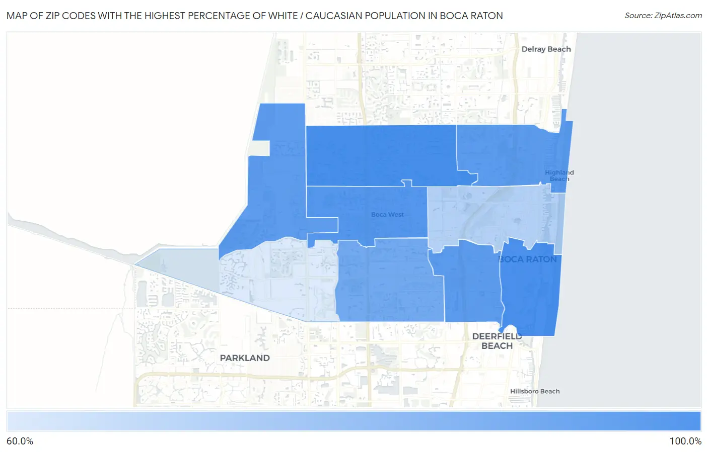 Zip Codes with the Highest Percentage of White / Caucasian Population in Boca Raton Map