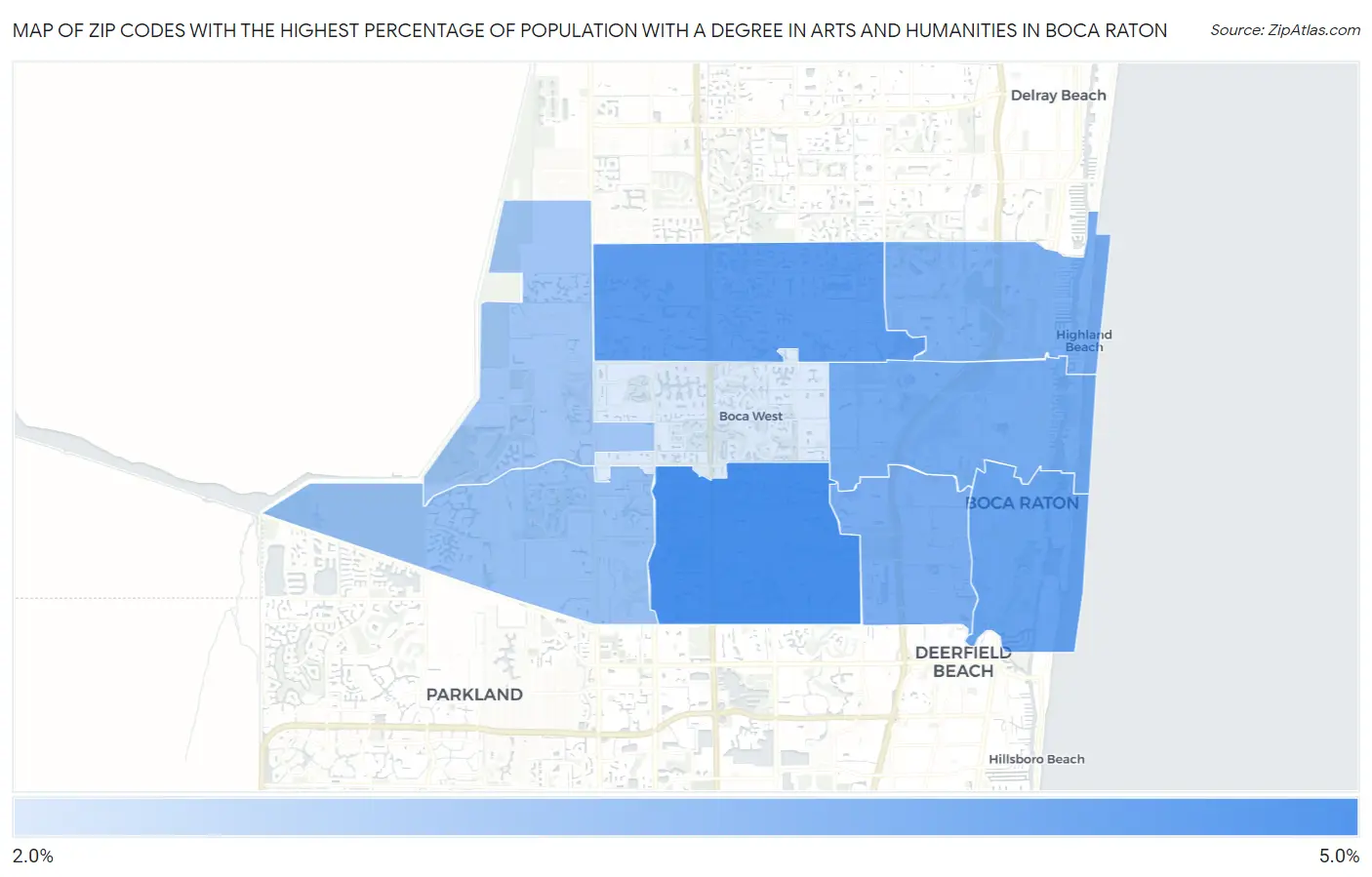 Zip Codes with the Highest Percentage of Population with a Degree in Arts and Humanities in Boca Raton Map