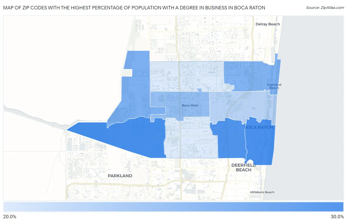 Zip Codes with the Highest Percentage of Population with a Degree in Business in Boca Raton Map