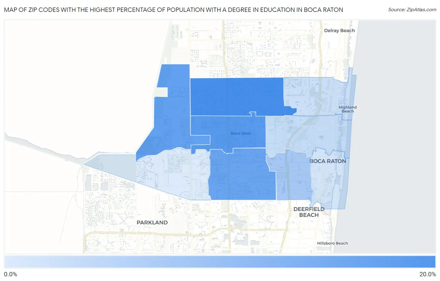 Zip Codes with the Highest Percentage of Population with a Degree in Education in Boca Raton Map