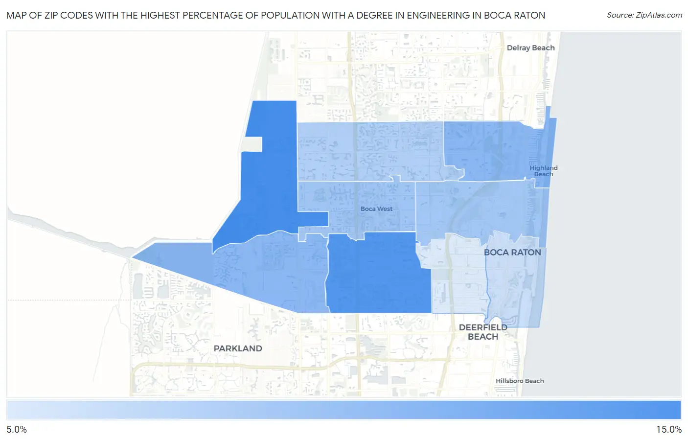 Zip Codes with the Highest Percentage of Population with a Degree in Engineering in Boca Raton Map