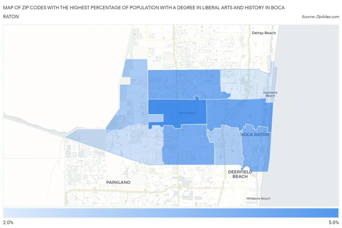 Zip Codes with the Highest Percentage of Population with a Degree in Liberal Arts and History in Boca Raton Map