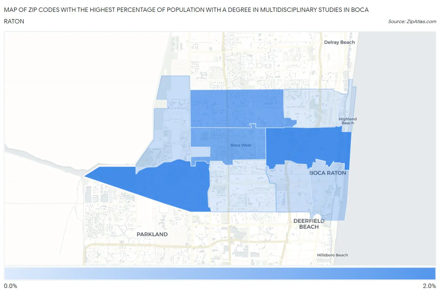 Zip Codes with the Highest Percentage of Population with a Degree in Multidisciplinary Studies in Boca Raton Map