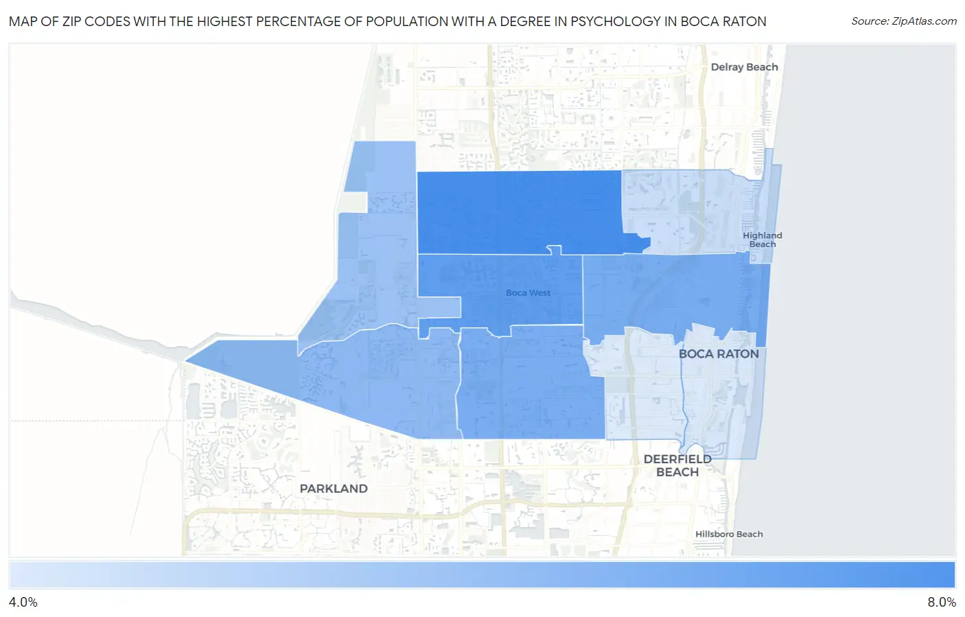 Zip Codes with the Highest Percentage of Population with a Degree in Psychology in Boca Raton Map