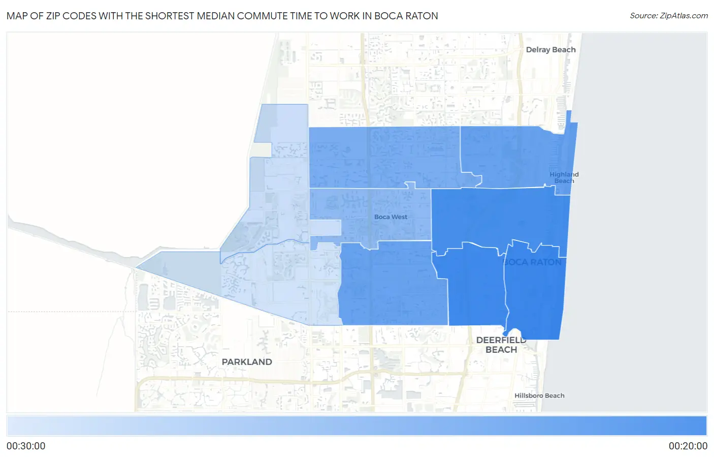 Zip Codes with the Shortest Median Commute Time to Work in Boca Raton Map