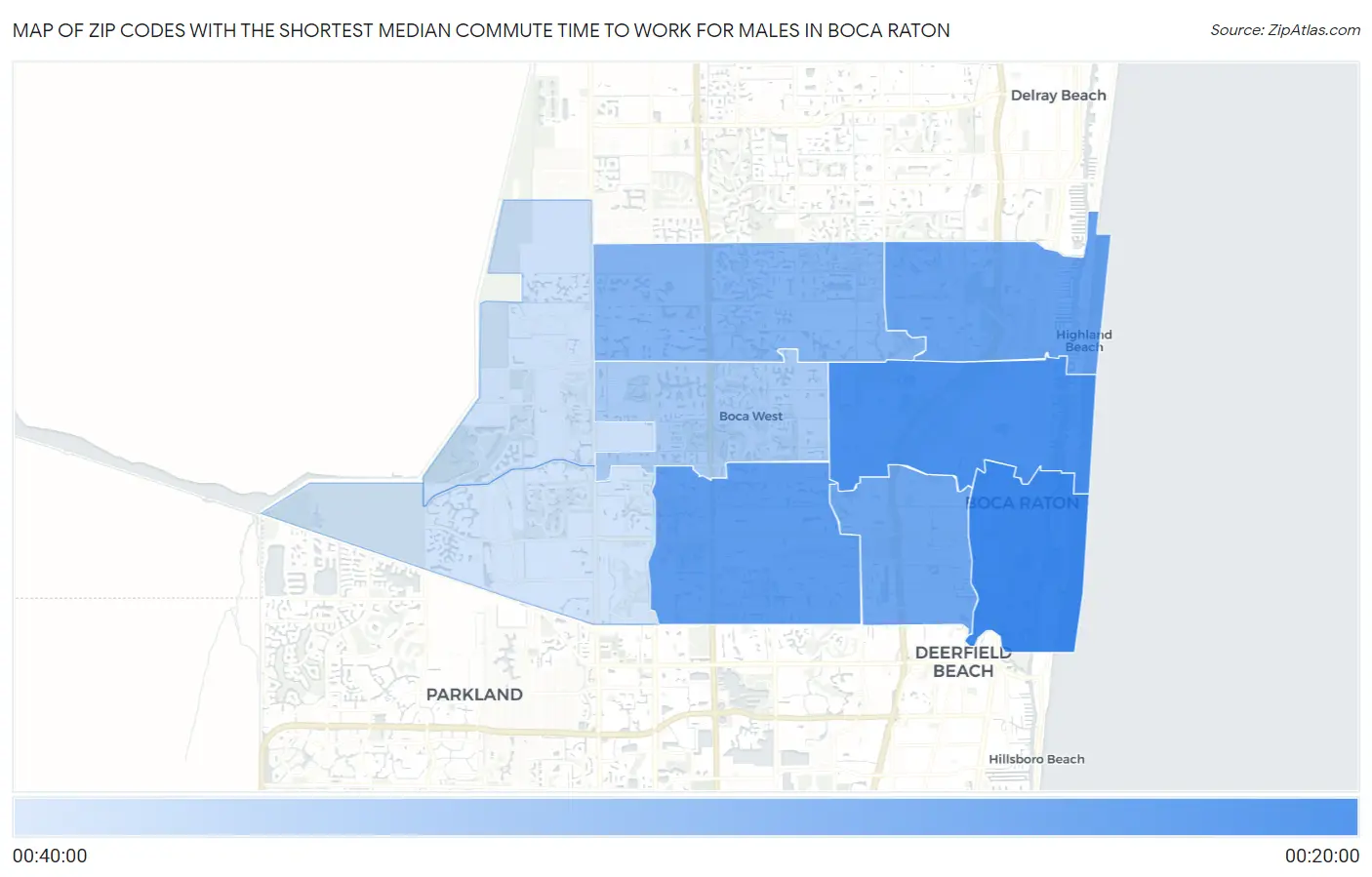 Zip Codes with the Shortest Median Commute Time to Work for Males in Boca Raton Map