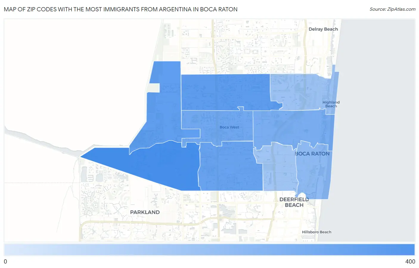 Zip Codes with the Most Immigrants from Argentina in Boca Raton Map