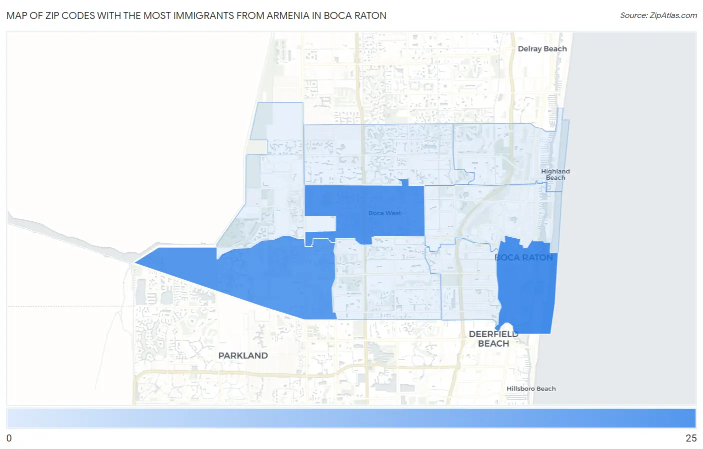Zip Codes with the Most Immigrants from Armenia in Boca Raton Map