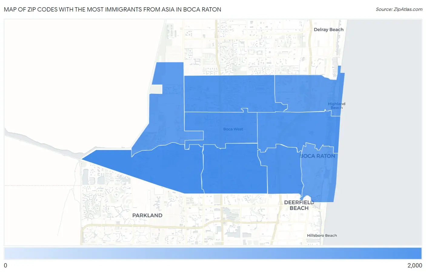 Zip Codes with the Most Immigrants from Asia in Boca Raton Map