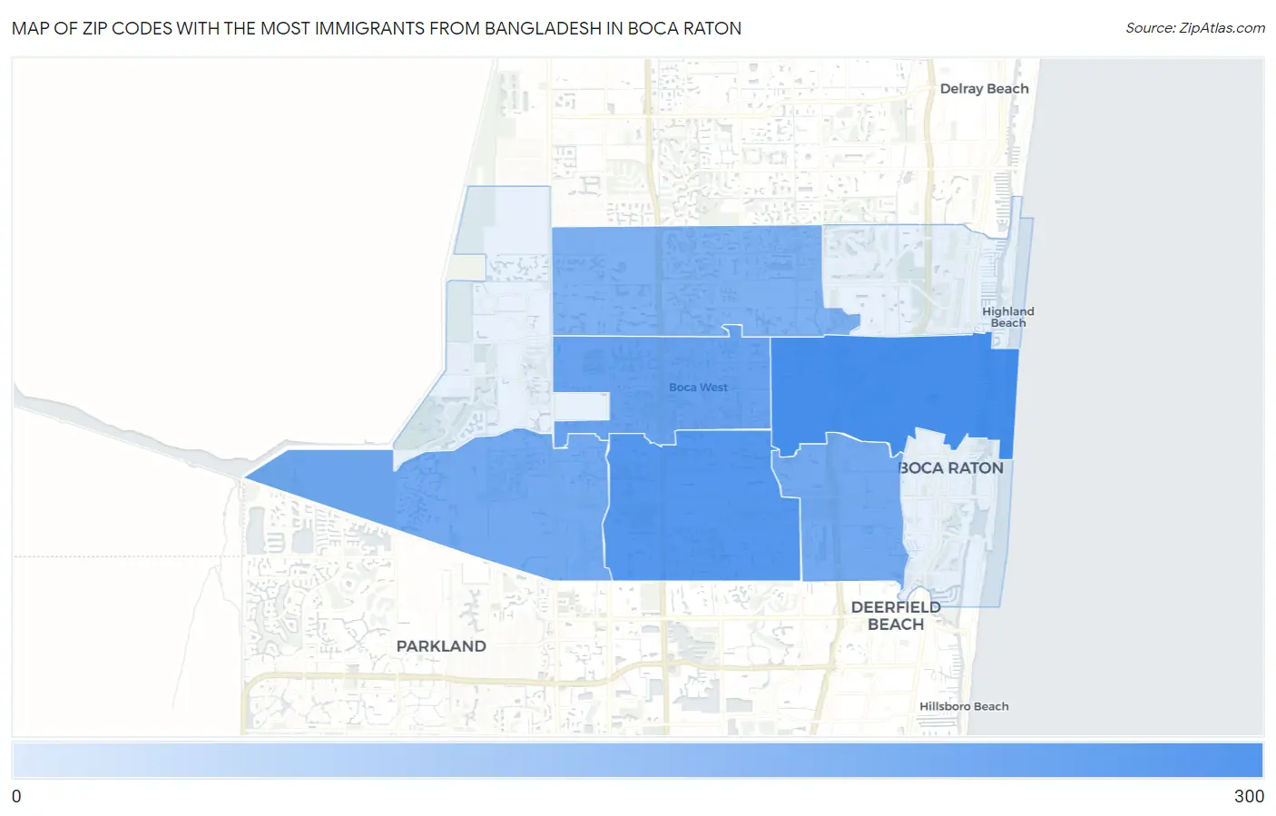 Zip Codes with the Most Immigrants from Bangladesh in Boca Raton Map