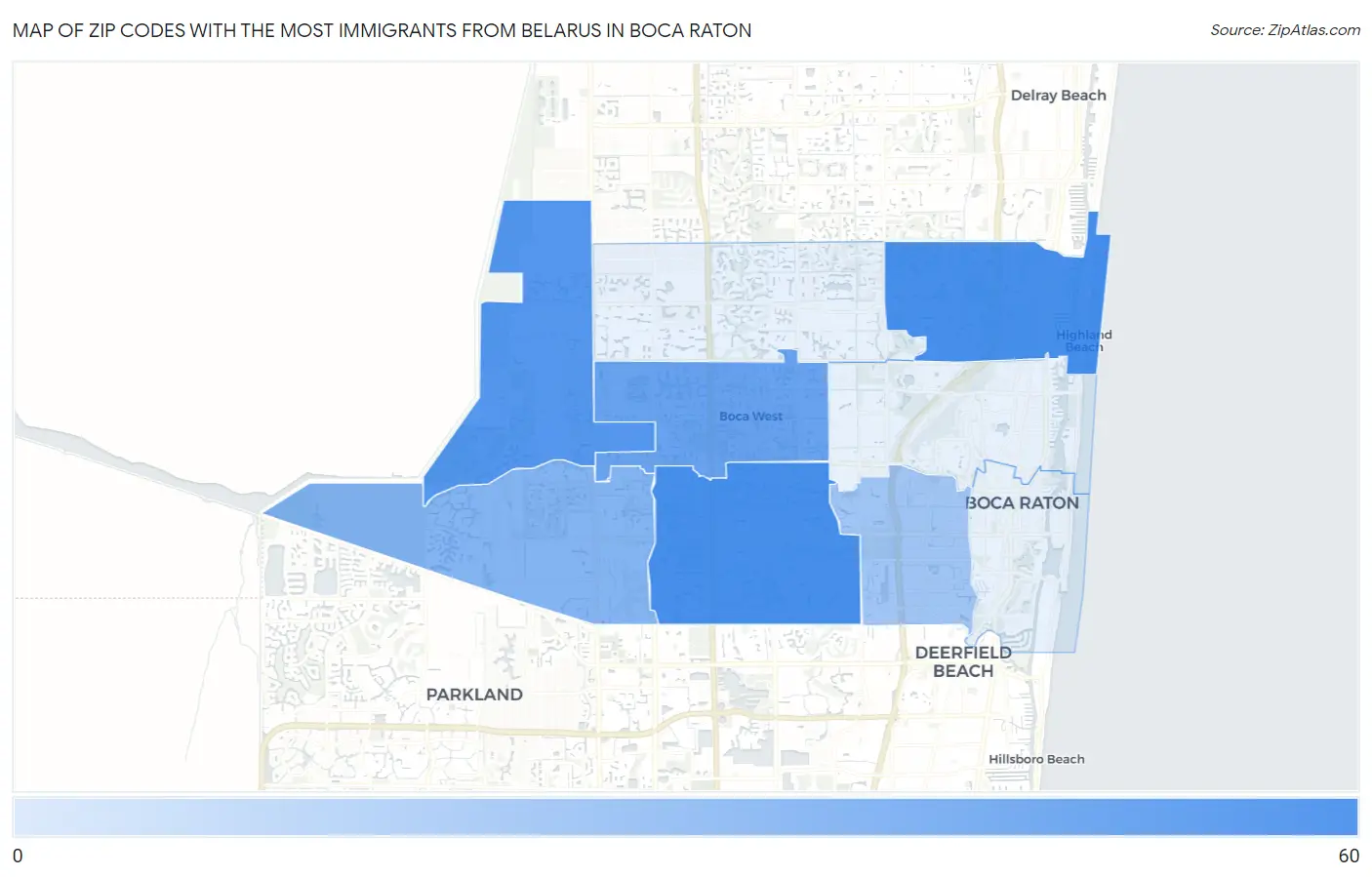 Zip Codes with the Most Immigrants from Belarus in Boca Raton Map
