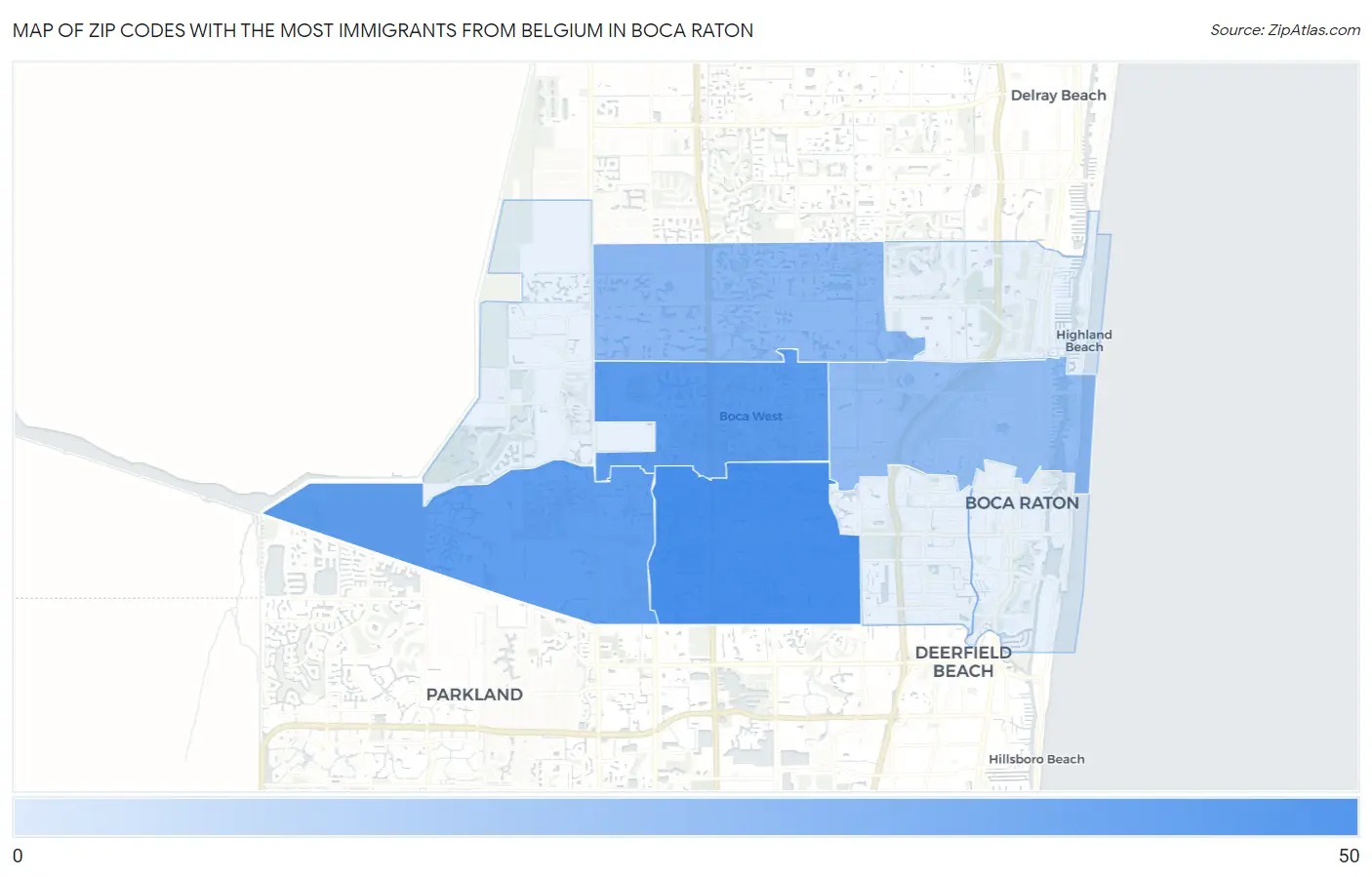 Zip Codes with the Most Immigrants from Belgium in Boca Raton Map