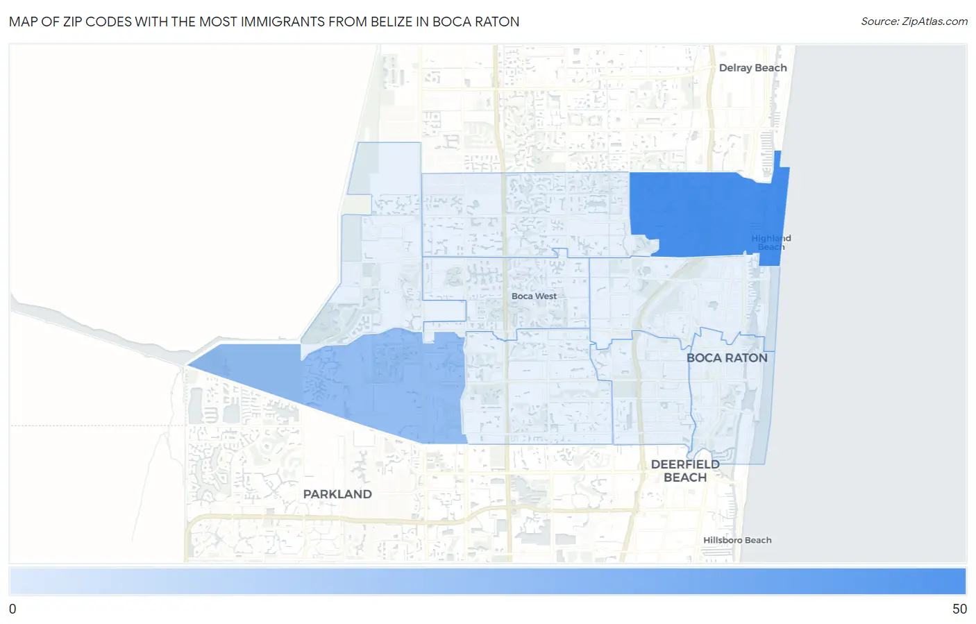 Zip Codes with the Most Immigrants from Belize in Boca Raton Map
